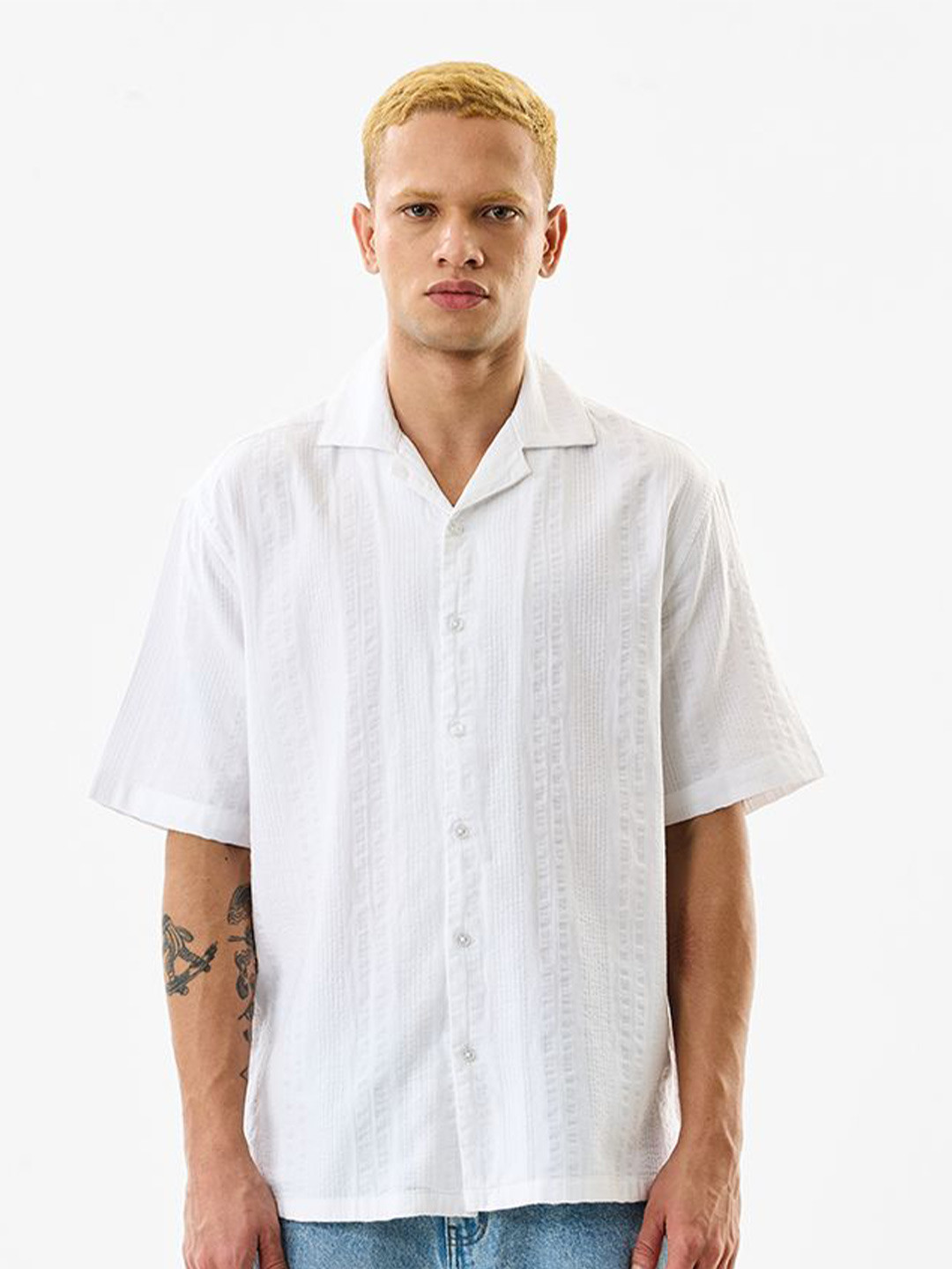 Snitch Boxy Textured Short Sleeves Cotton Shirt