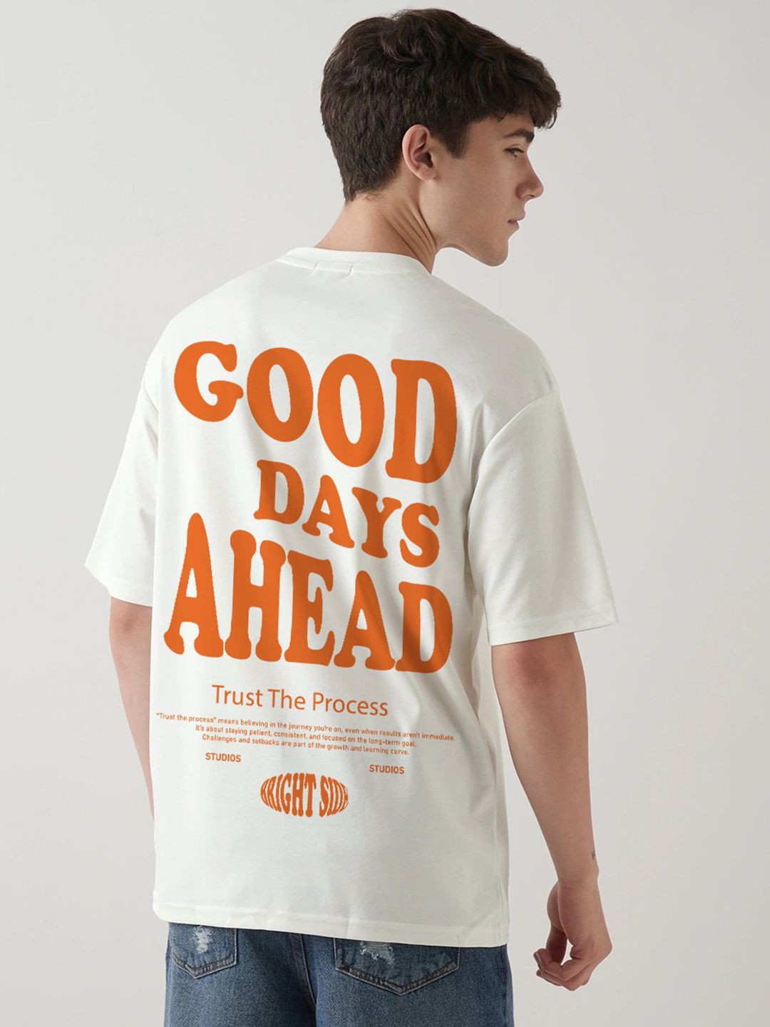 Crazymonk Oversized Good Day Ahead Typography Printed Cotton T-Shirt