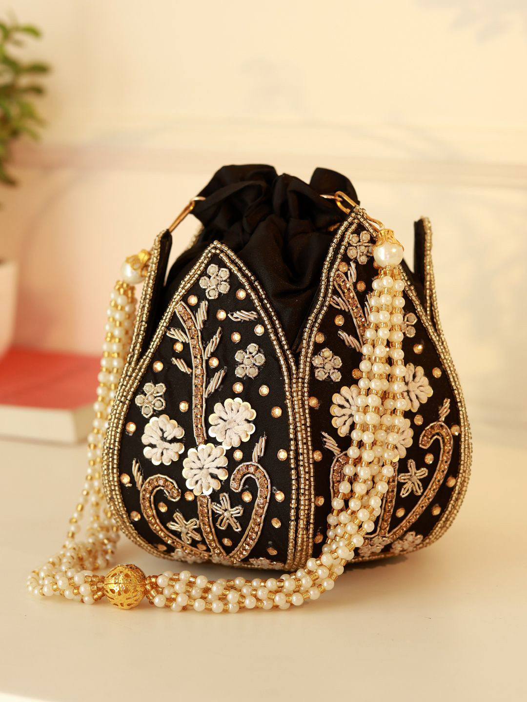 THE TAN CLAN Embroidered Wrist Loop Lotus Potli Clutch