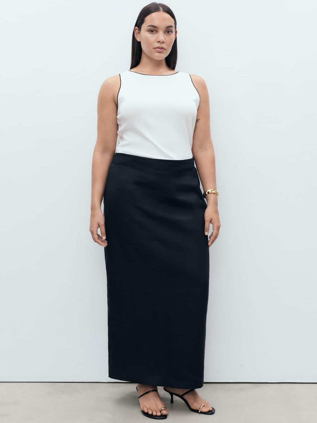 MANGO Back Slit Linen Straight Maxi Skirt