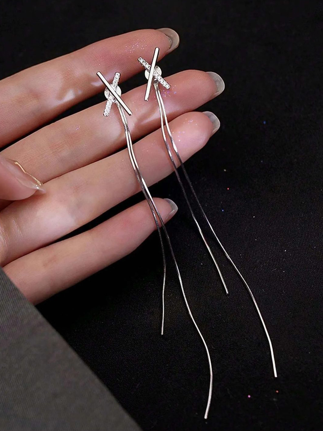 BEYTER Sterling Silver Rhinestones Studded Contemporary Tasselled Drop Earrings