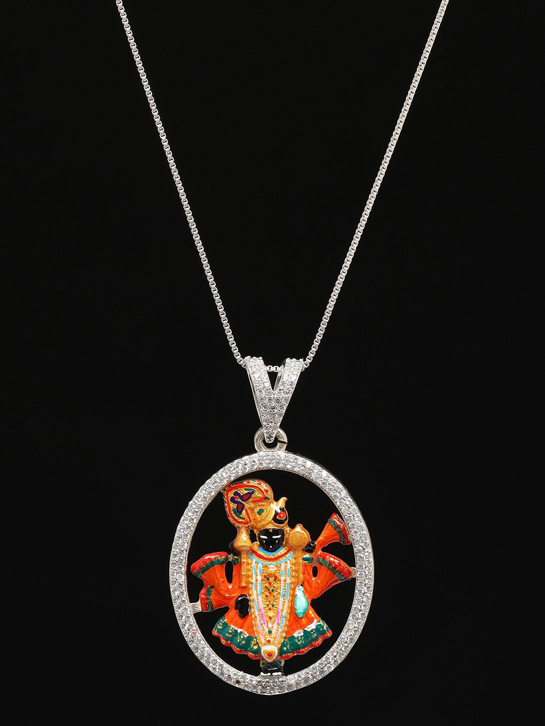 Exotic India 925 Sterling Silver Stone Studded Enamelled Dwarkadhish Pendant With Chain