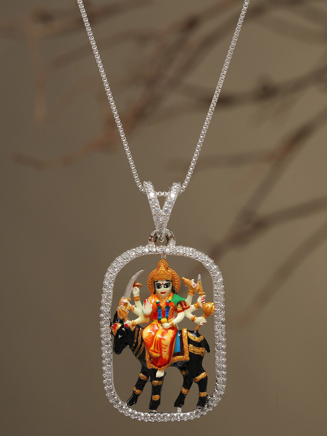 Exotic India 925 Sterling Silver Square Stone Studded Enamelled Goddess Meldi Pendant
