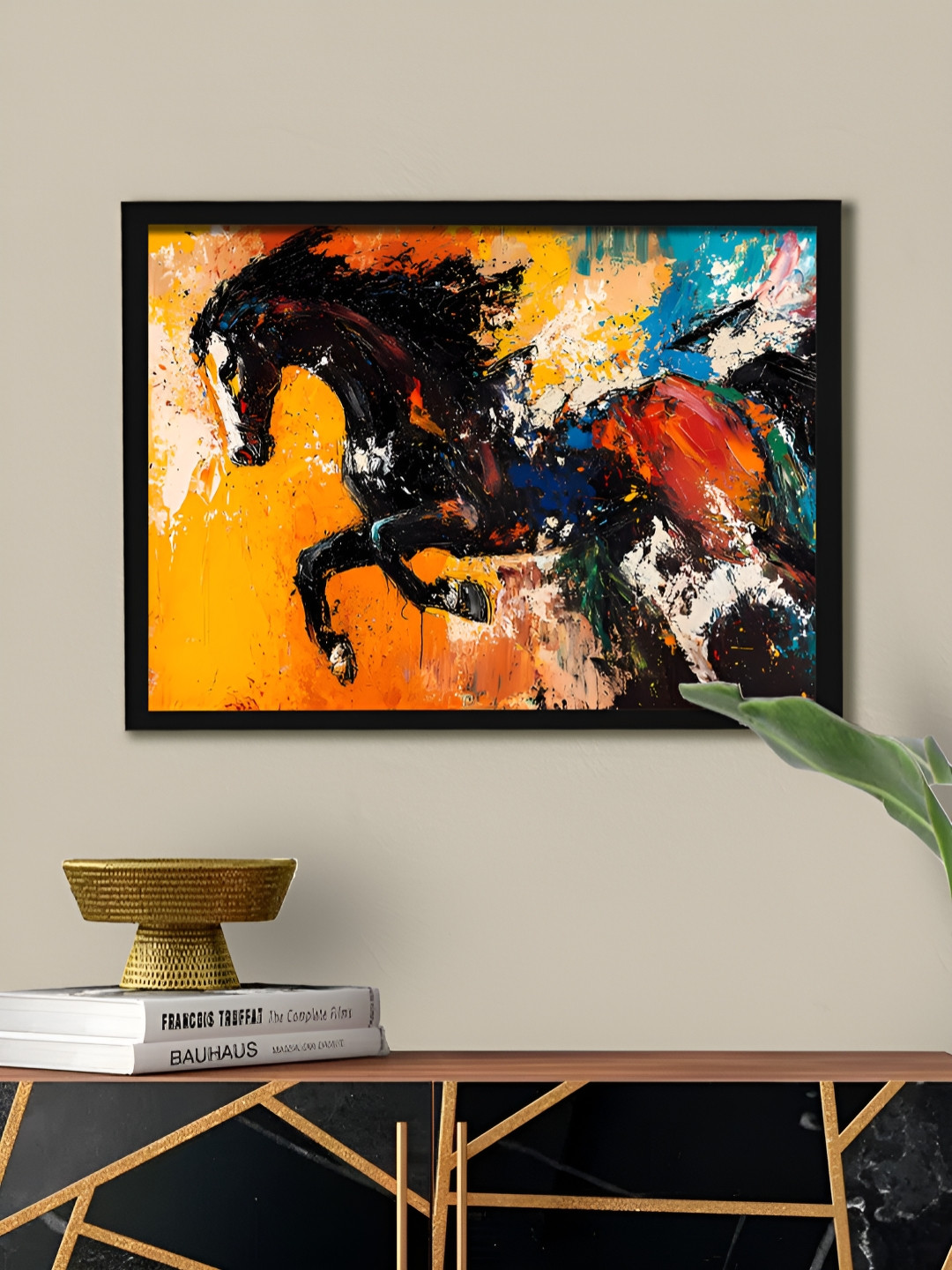 Art Street Multicolor Abstract Black Running Horse Vastu Feng Shui Wall Art
