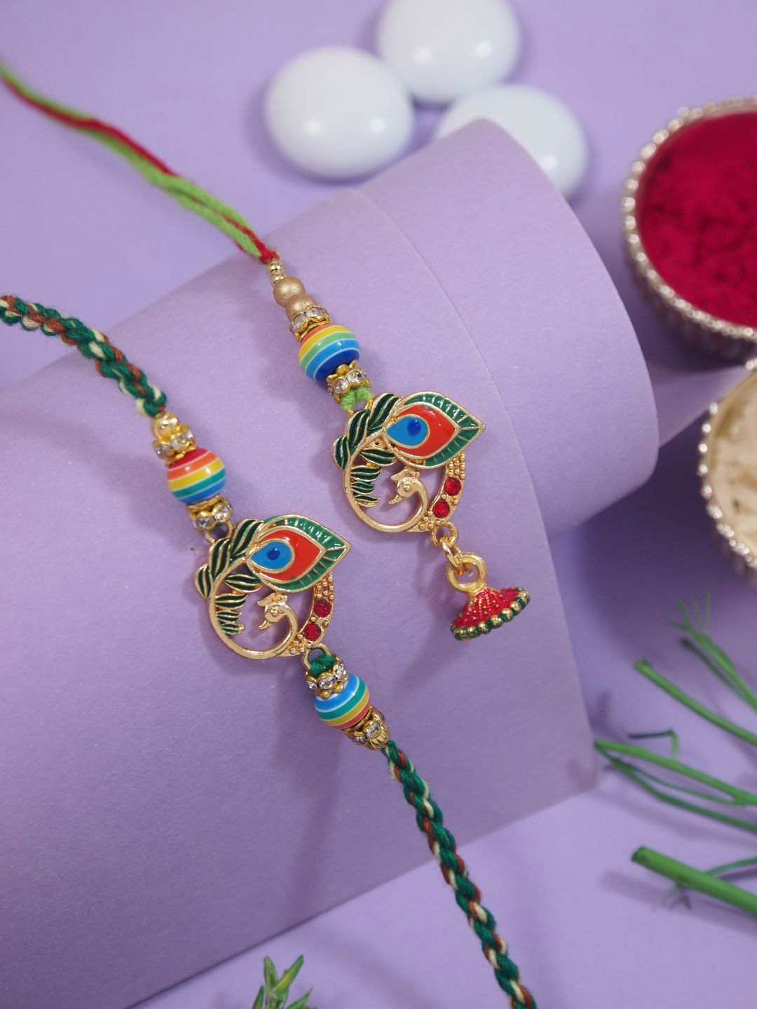 II Jewels Designer Set O f 2 Exclusive Peacock Feather Hanging Bhaiya Bhabhi Lumba Rakhi