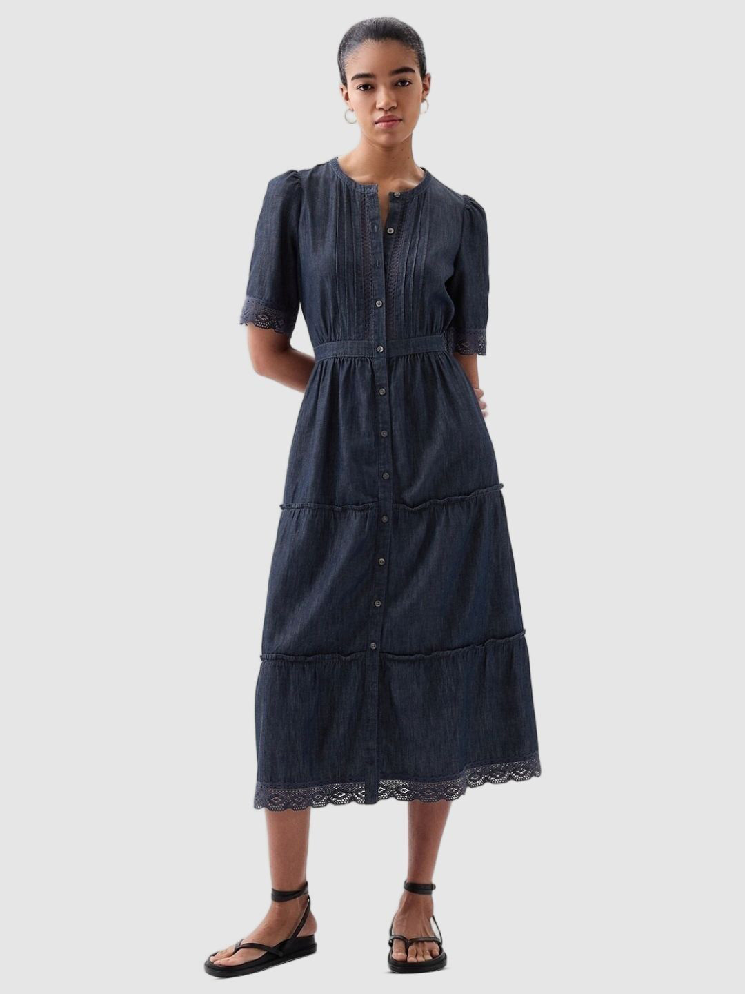GAP Pure Cotton A-Line Pleated Mandarin Collar Tiered Denim Dress