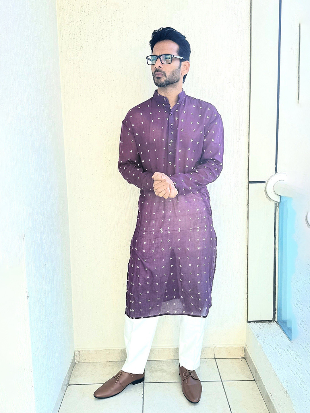 PRETANSHAH Bandhani Printed Mandarin Collar Cotton Straight Kurta