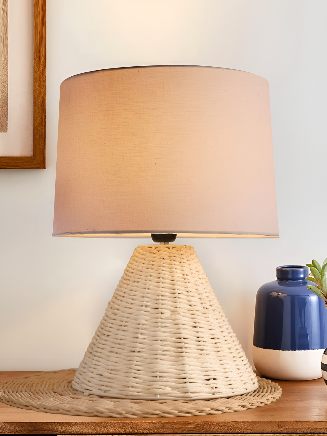 Decazone White Textured Cotton Cylindrical Shaped Table Lamp