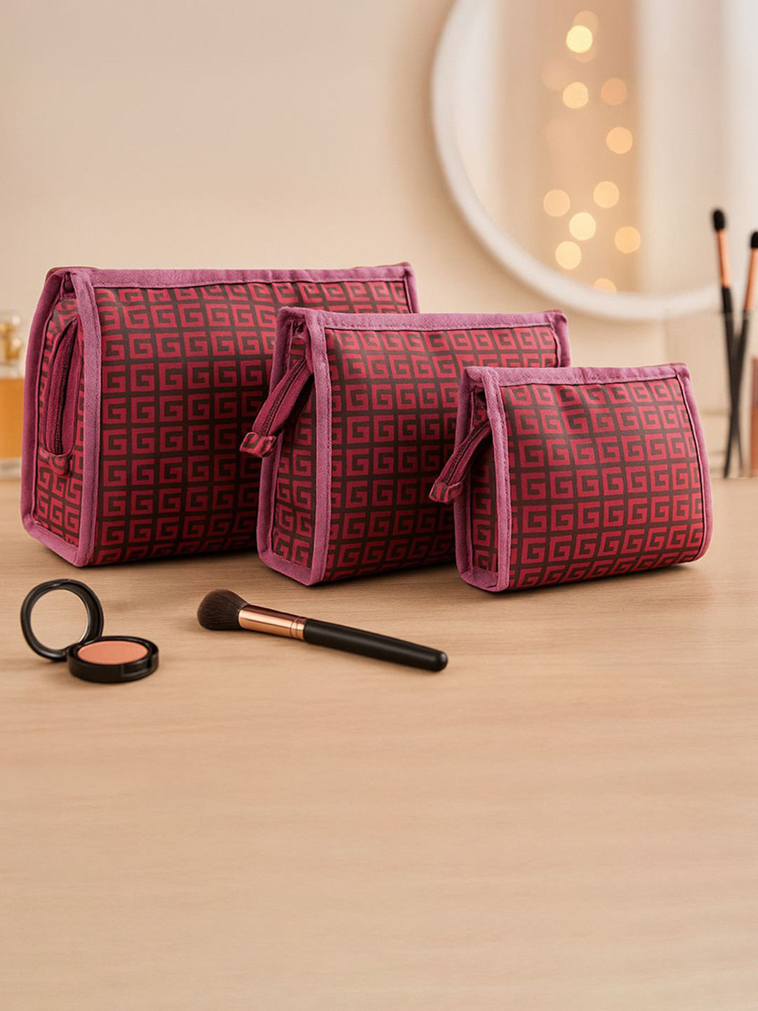 Kuber Industries Set of 3 Maroon Rexine Makeup Kit Organiser with Sturdy Handle