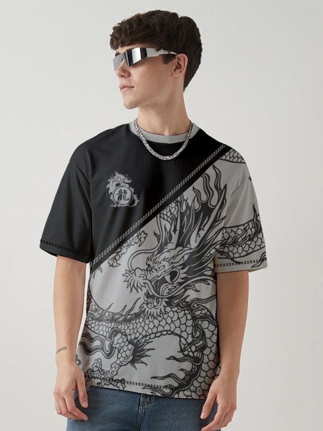 Crazymonk Dragon Warrior Printed Drop-Shoulder Sleeves Oversized Cotton T-shirt