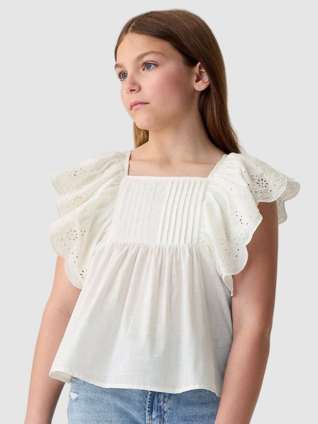GAP Girls Self Design Short Flutter Sleeves Schiffli Empire Top