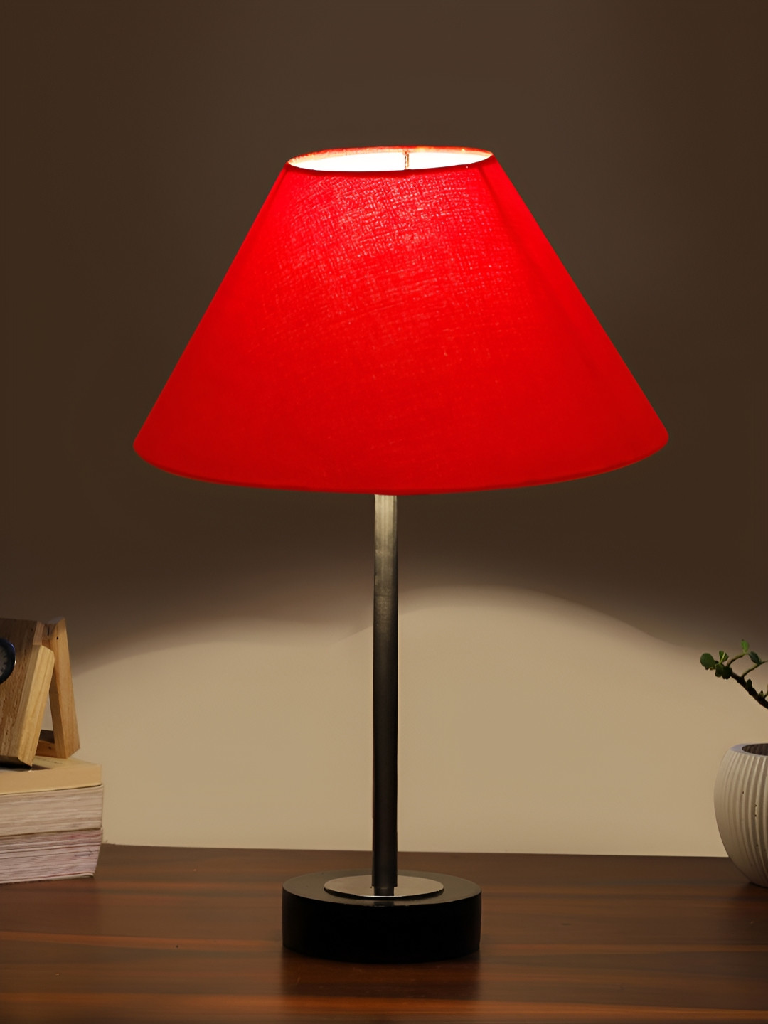 Aura Red & Steel Metal Frusturical Shaped Table Lamp