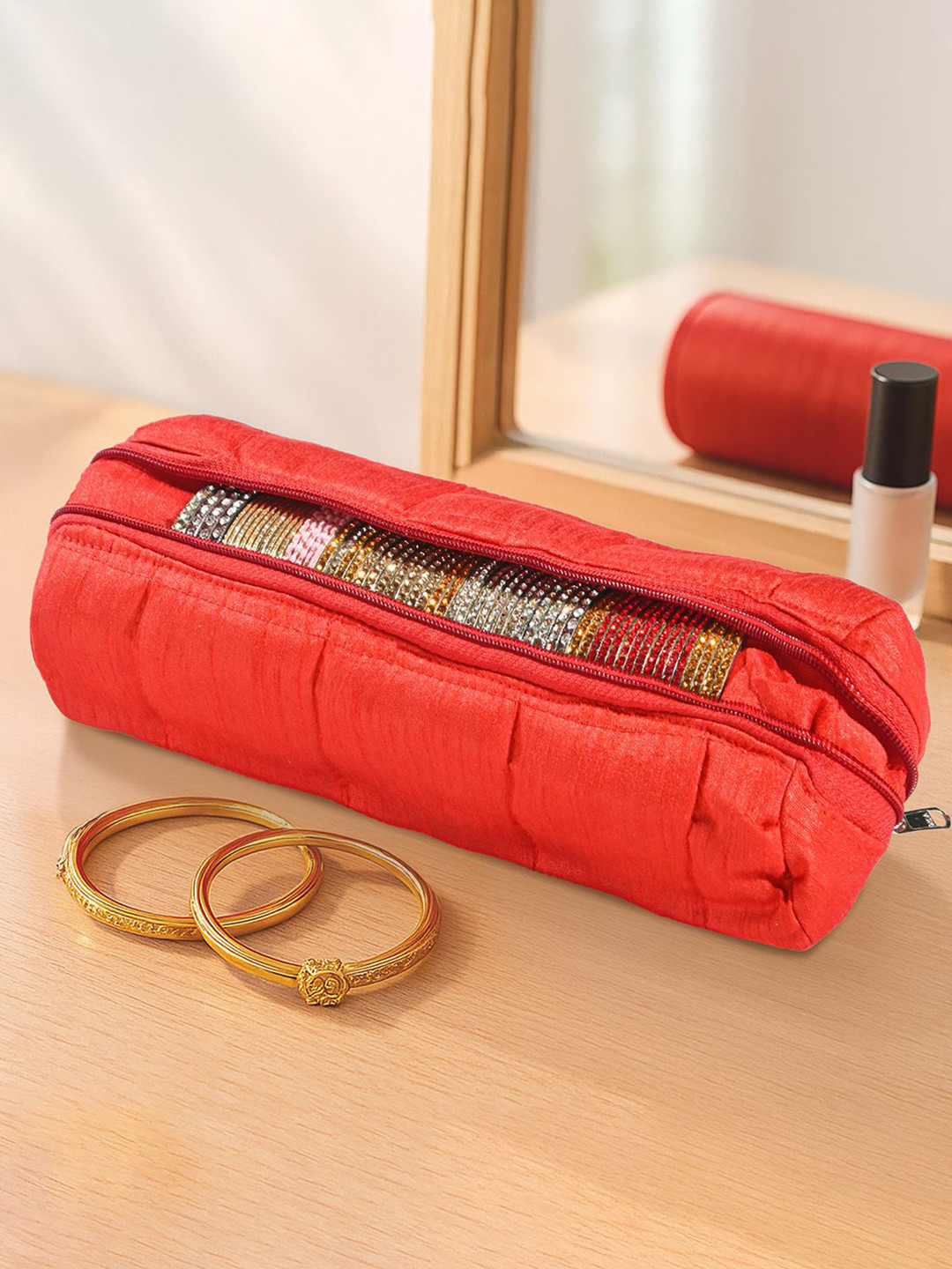 Kuber Industries Red Polyester Single Rod Bangle Box with Zip Jewellery Organiser