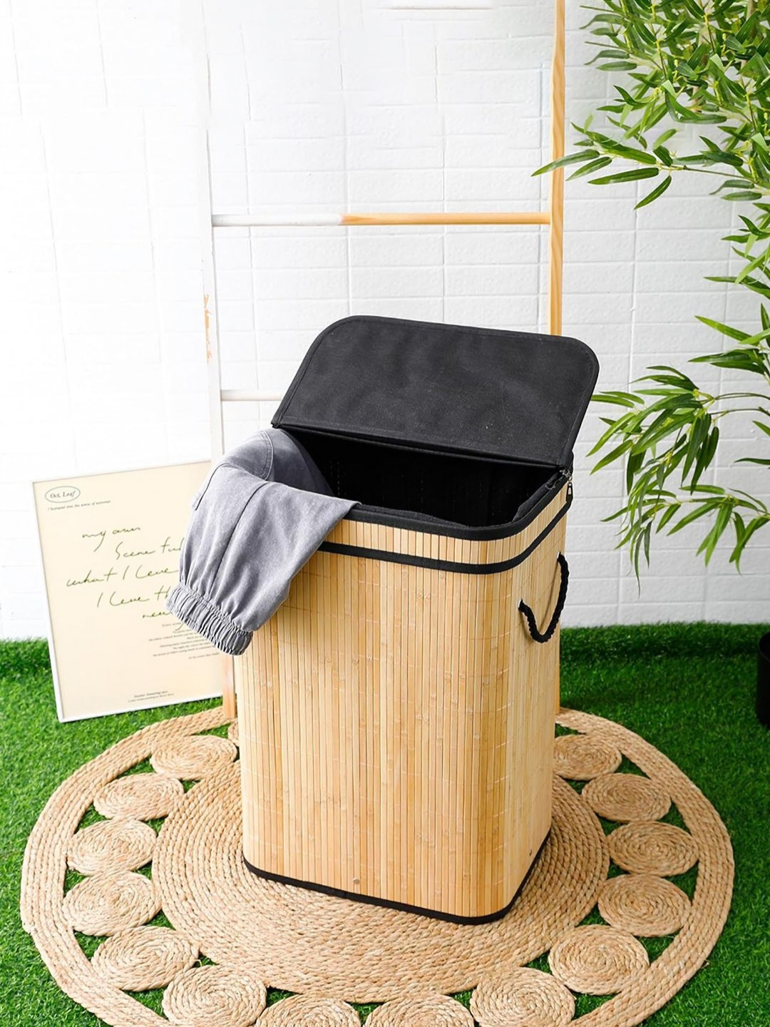 Myntra Elegant Homes Brown Striped Bamboo Eco-Friendly Foldable Laundry Bag With Lid