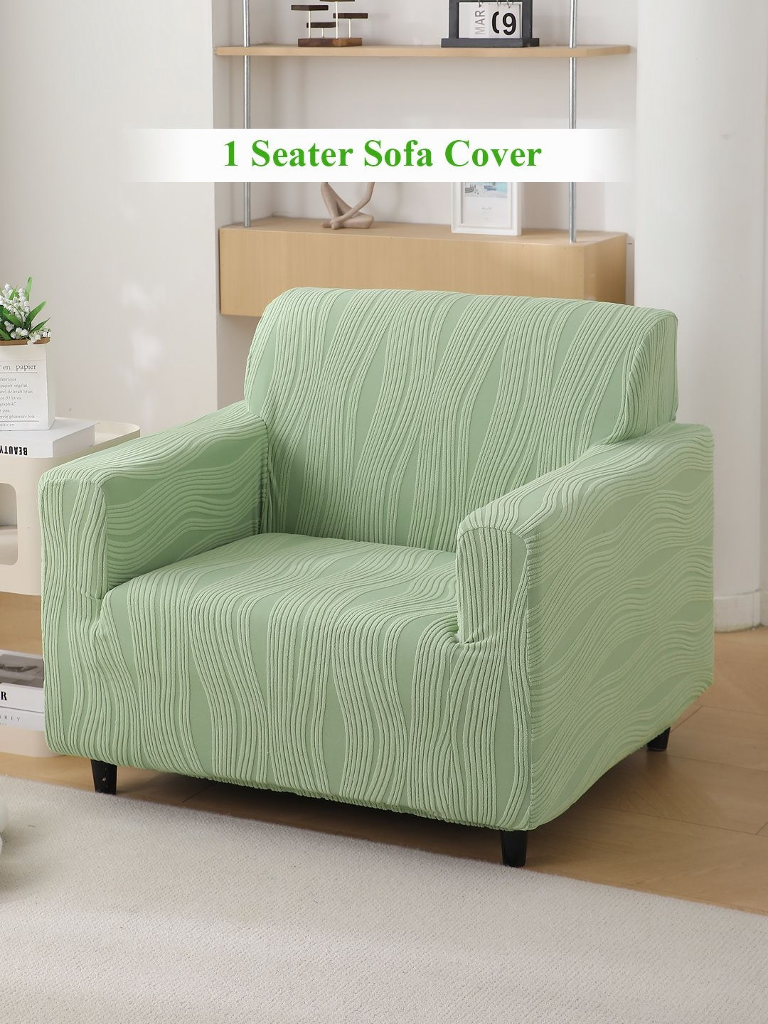 HOKIPO Pastel Green Knitting Jacquard 1 Seater Fully Covered Sofa Cover