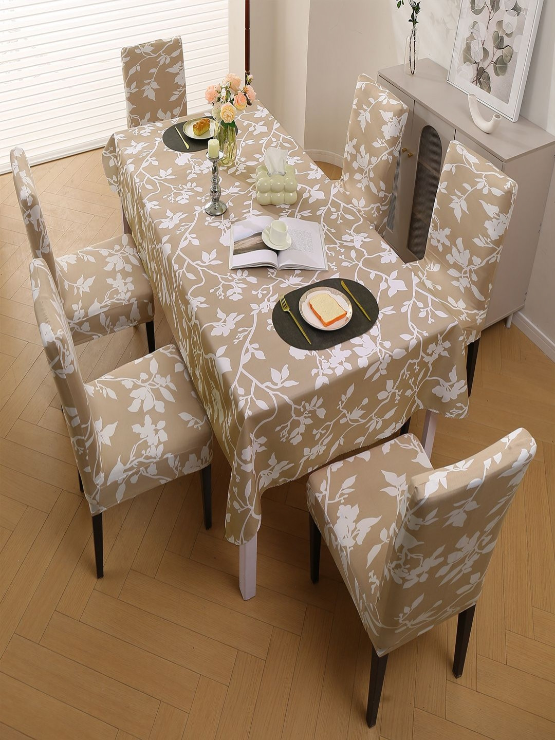 HOKIPO Set Of 6 Printed Stretchable Elastic Dining Chair Covers With Matching Tablecloth