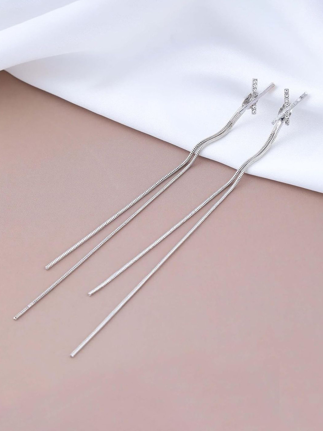 BEYTER Sterling Silver Rhinestones Studded Contemporary Tasselled Drop Earrings