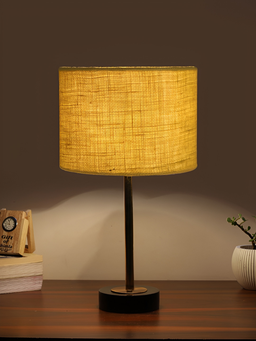 Aura Yellow & Copper Toned Cylindrical Shaped Jute Shade Wooden Table Lamp