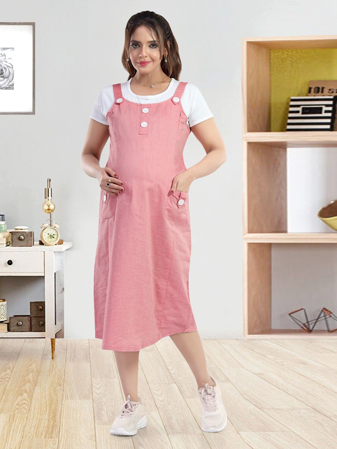 MomsBae Women Utility Pockets Shoulder Straps Pinafore Dress