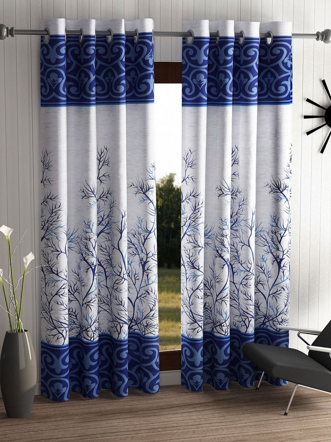 Aura Garden Panel Blue & White 2 Pieces Floral Printed Door Curtains