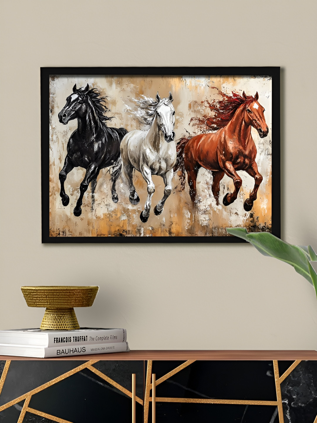 Art Street White & Black Three Running Horses Vastu Feng Shui Wall Art