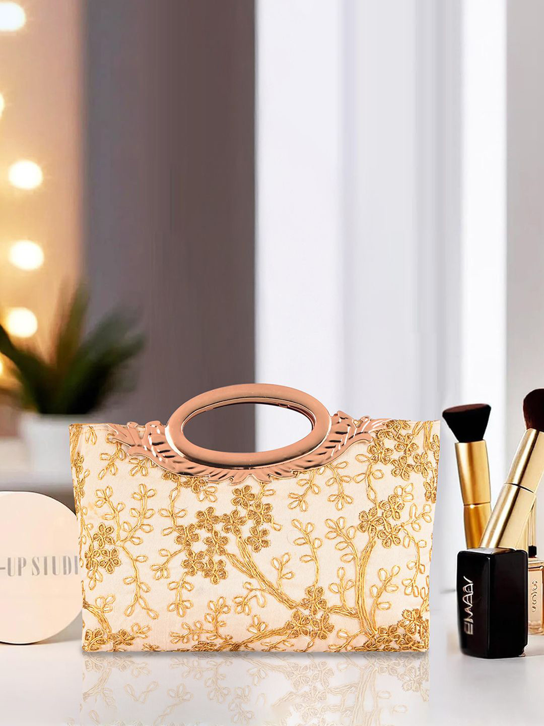 Kuber Industries Cream Polyester Floral Embroidered Hand Purse Clutch