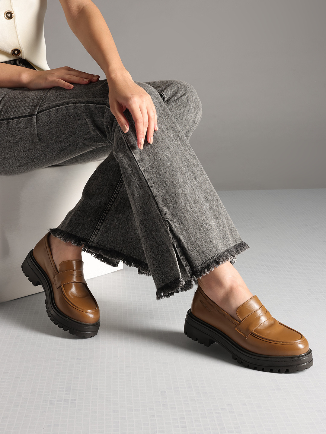 Kenneth Cole Women Leather Penny Loafers with Chunky Sole