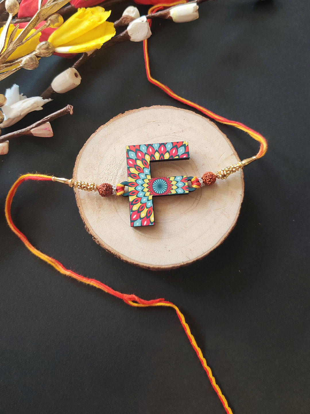 Bhai Please Alphabet F Rudraksha Beaded Wooden Thread Rakhi