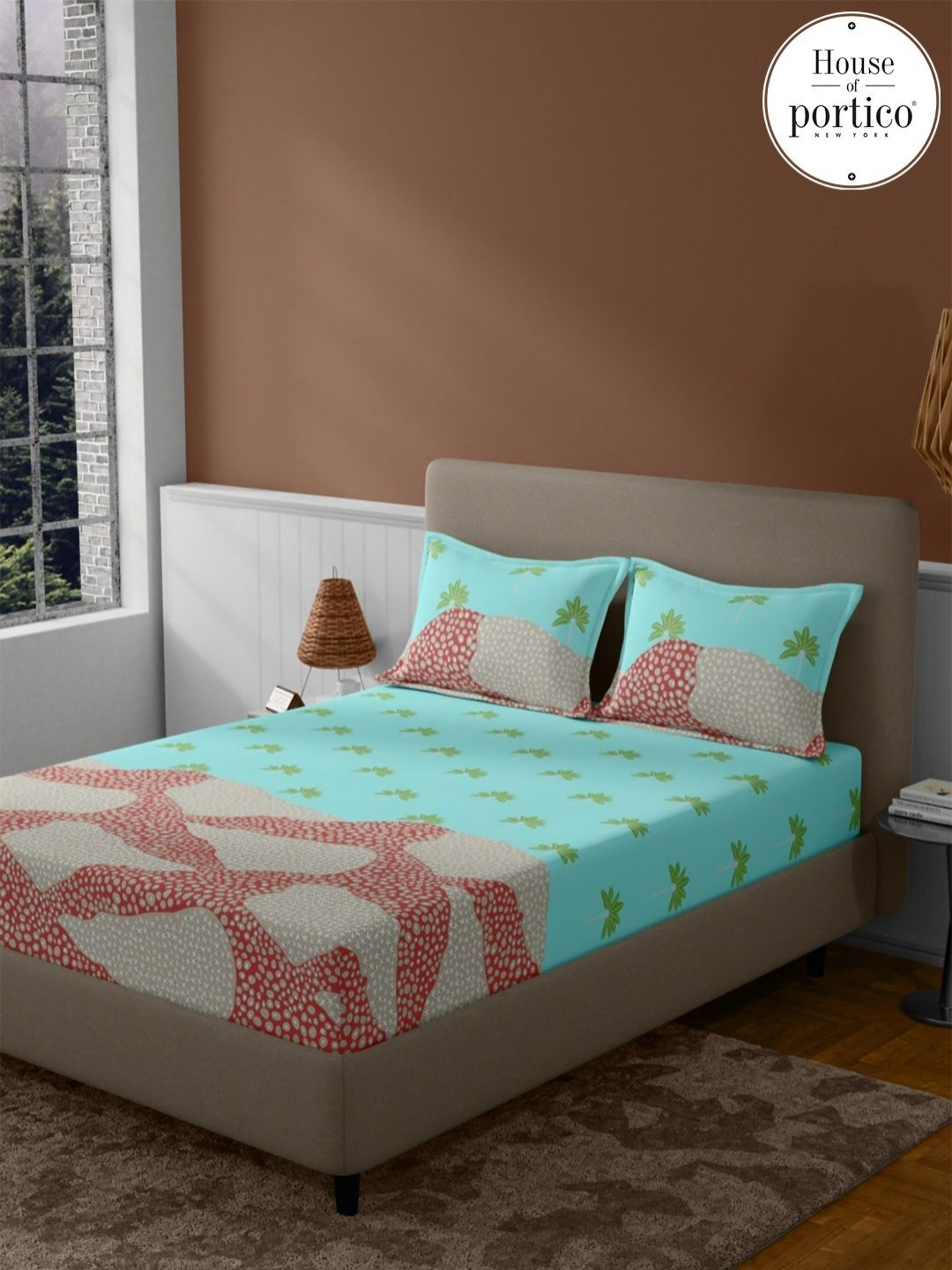 Bichauna Turquoise Blue & Brown Floral Printed 120 TC Queen Bedsheet Set 2.24 m x 2.40 m