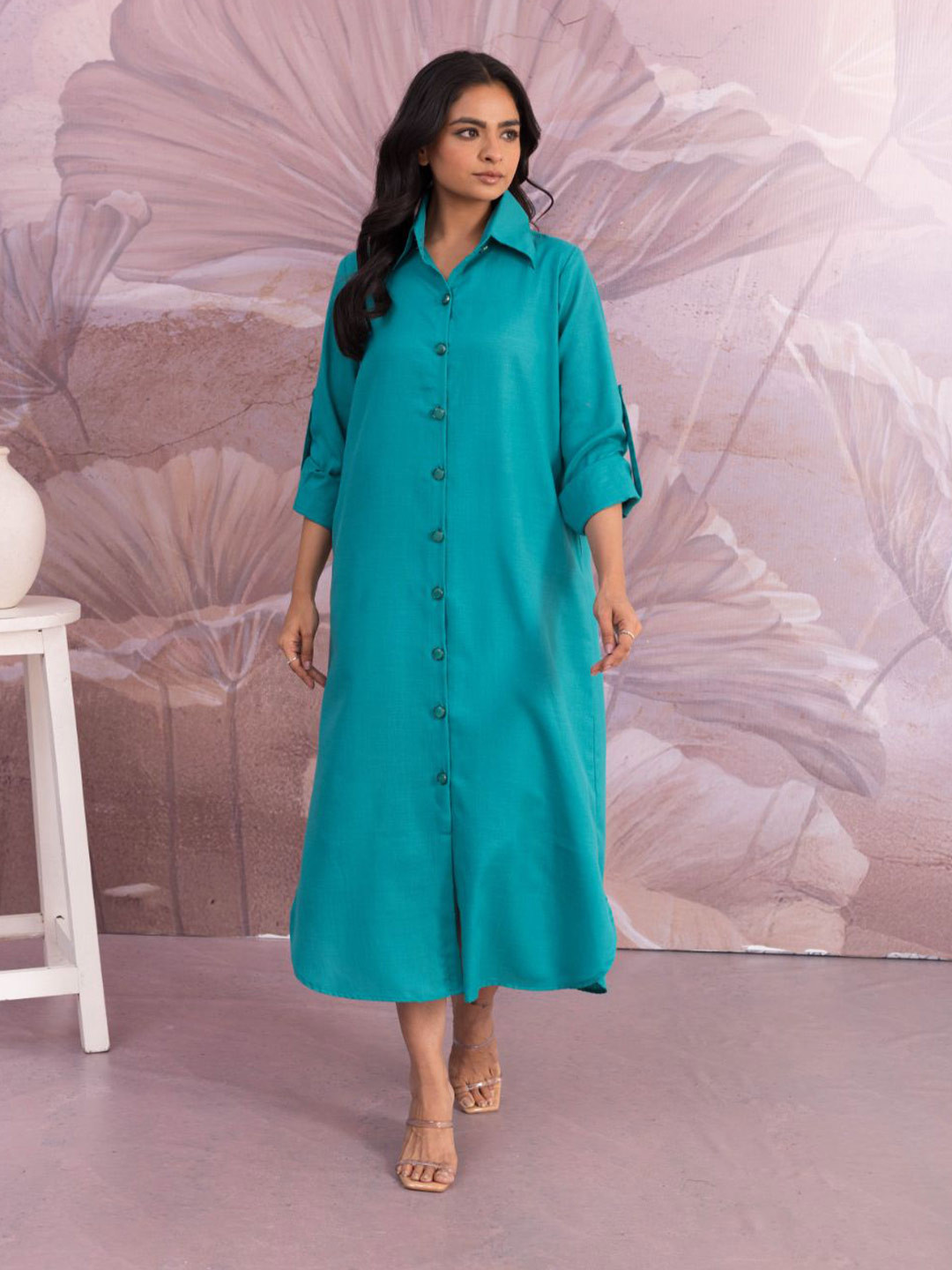MAAND Women Shirt Collar Roll-Up Sleeves Cotton Shirt Midi Dress