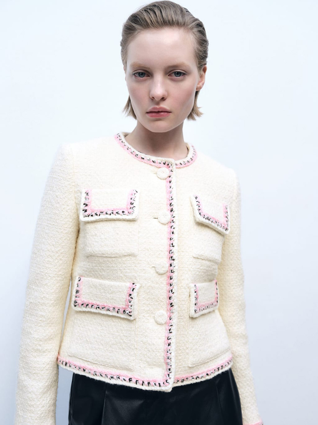 MANGO Pocket Detail Embroidered Tailored Tweed Jacket