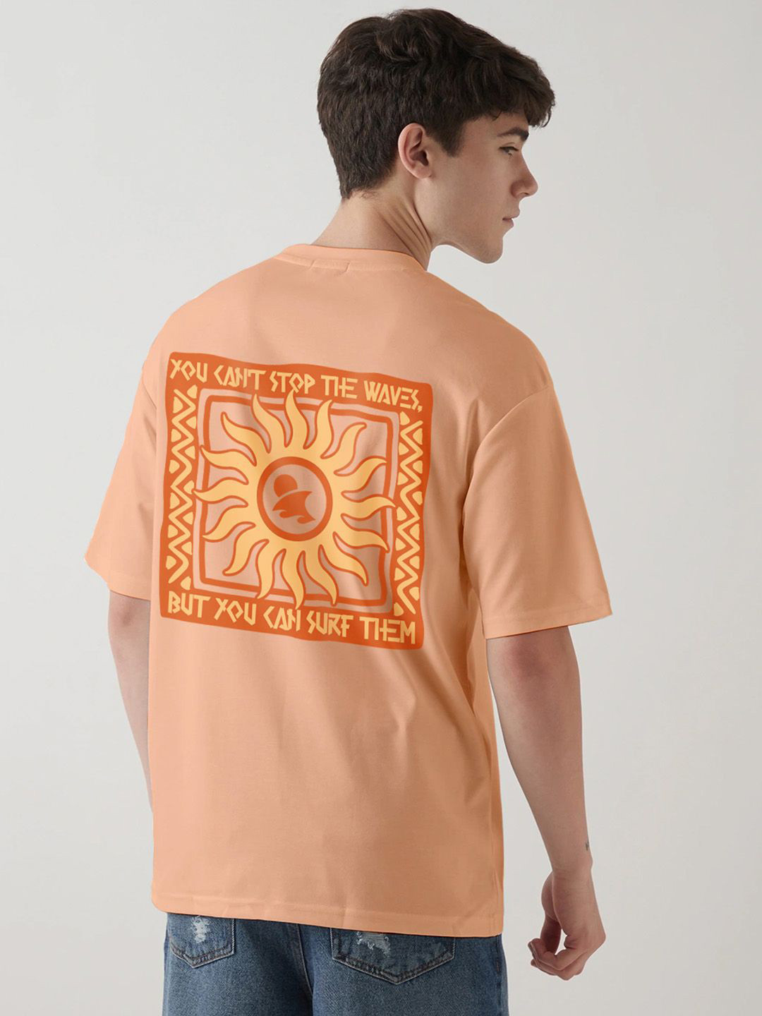 Crazymonk Oversized Sunset Surfer Graphic Printed Cotton T-Shirt