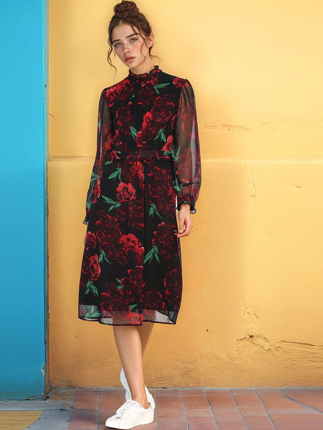 RARE Women Floral Print High Neck Ruffles Fit and Flare Dress