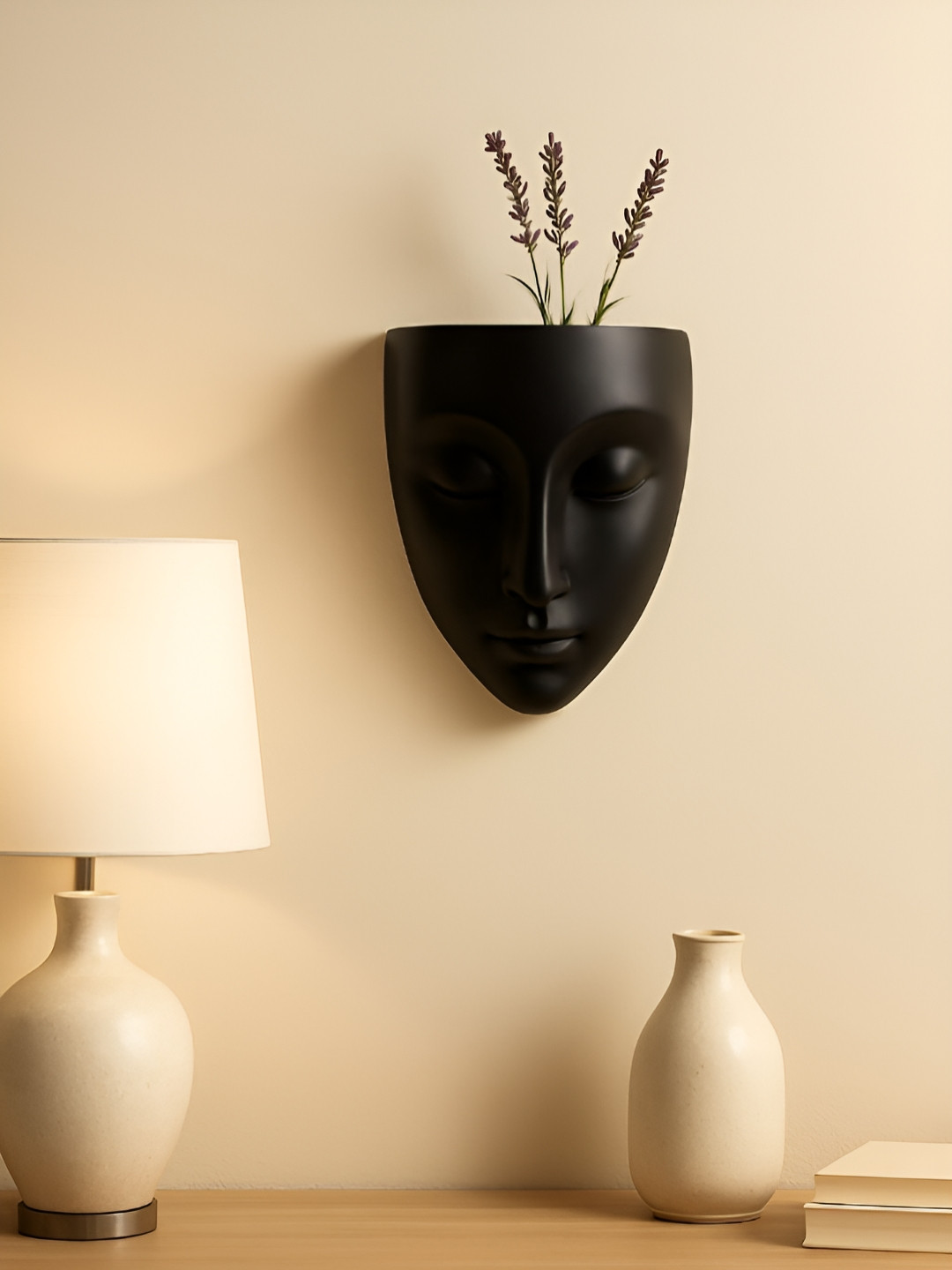 GLOBALLY INDIAN Black Textured Ceramic Luna Face Wall Planter