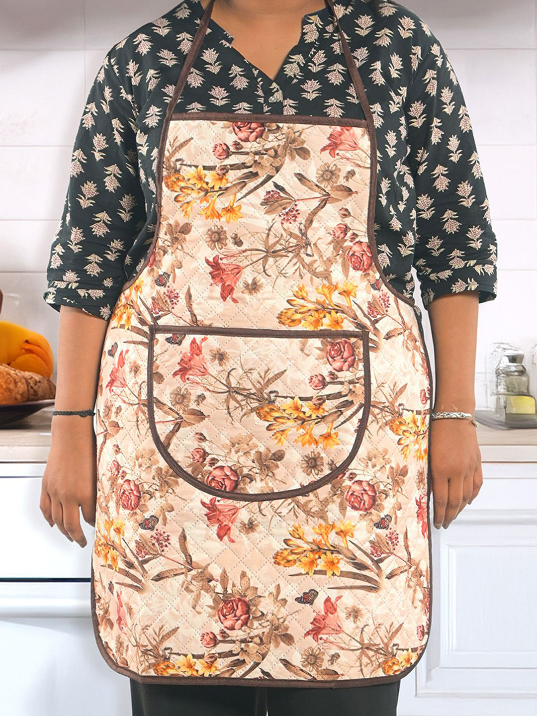 Kuber Industries Brown & Cream Colored Printed Waterproof Apron With Center Pocket