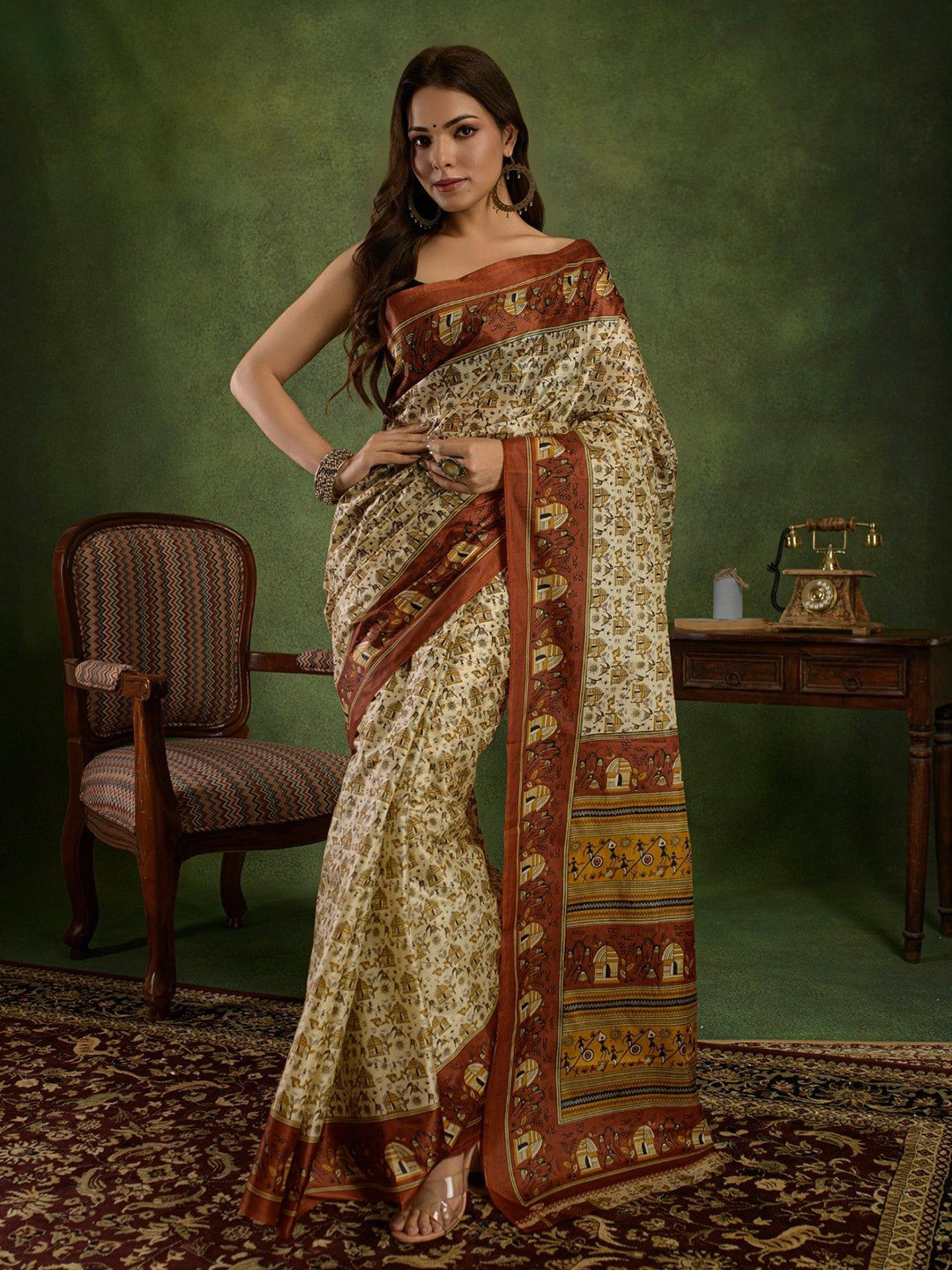 Sangria Kalamkari Printed Bhagalpuri Saree Without Blouse