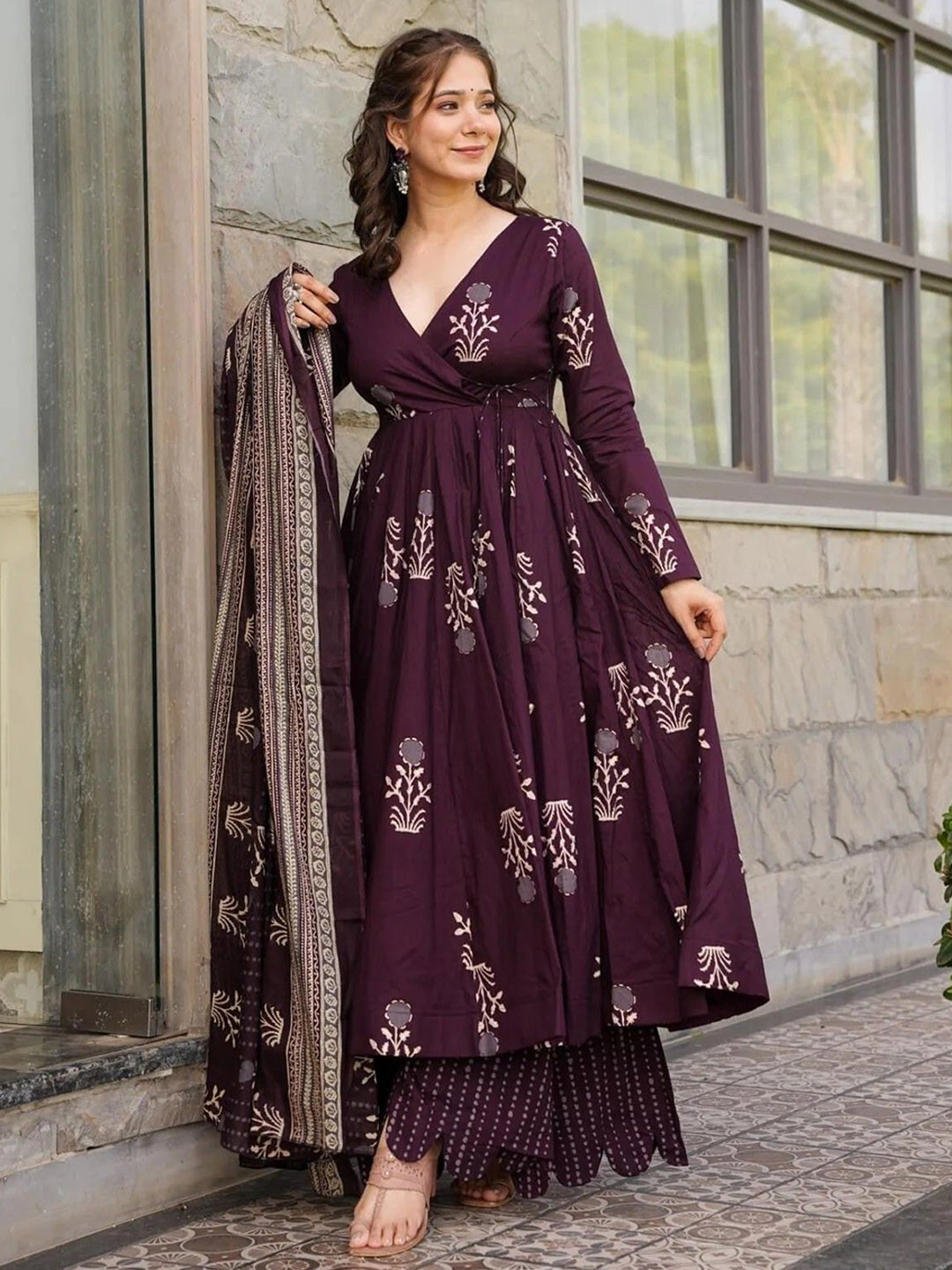 Wedani Floral Printed V-Neck Angrakha Kurta With Palazzos & Dupatta