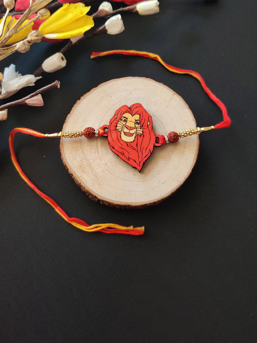 Bhai Please Lion King Rudraksha Beaded Wooden Thread Rakhi