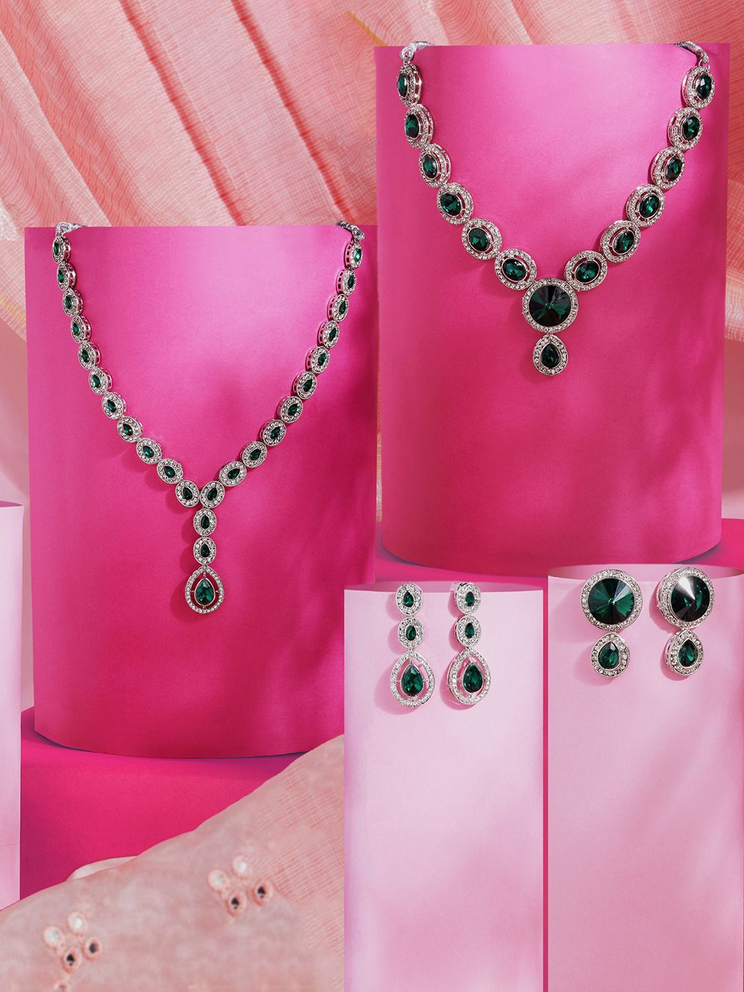 AMI Set Of 2 Sliver-Plated Stone Austrian Diamond -Studded Jewellery Set
