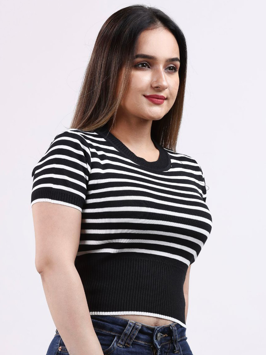 FEVERFEW Women Striped Fitted Cotton Crop Top