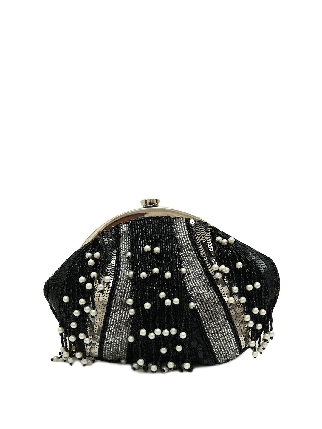 THE TAN CLAN Ava Embroidered Pearls Studded Half Moon Wrist Loop Suede Clutch