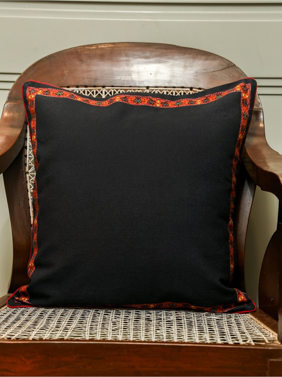 Sangria  Vintage Bloom Black & Red Printed Cotton Square Cushion Cover