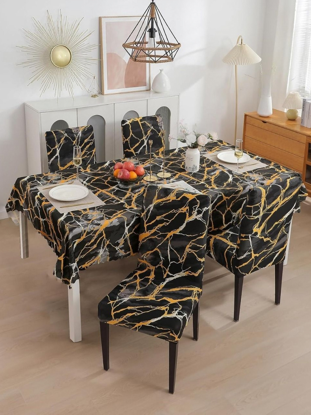 FAVRIA Set Of 5 Grey & Black Printed Table Cover With Chair Covers