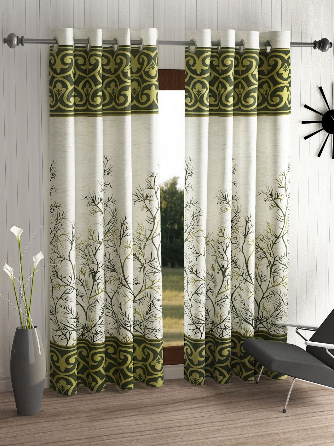 Aura Garden Panel Green & White 2 Pieces Floral Printed Window Curtains