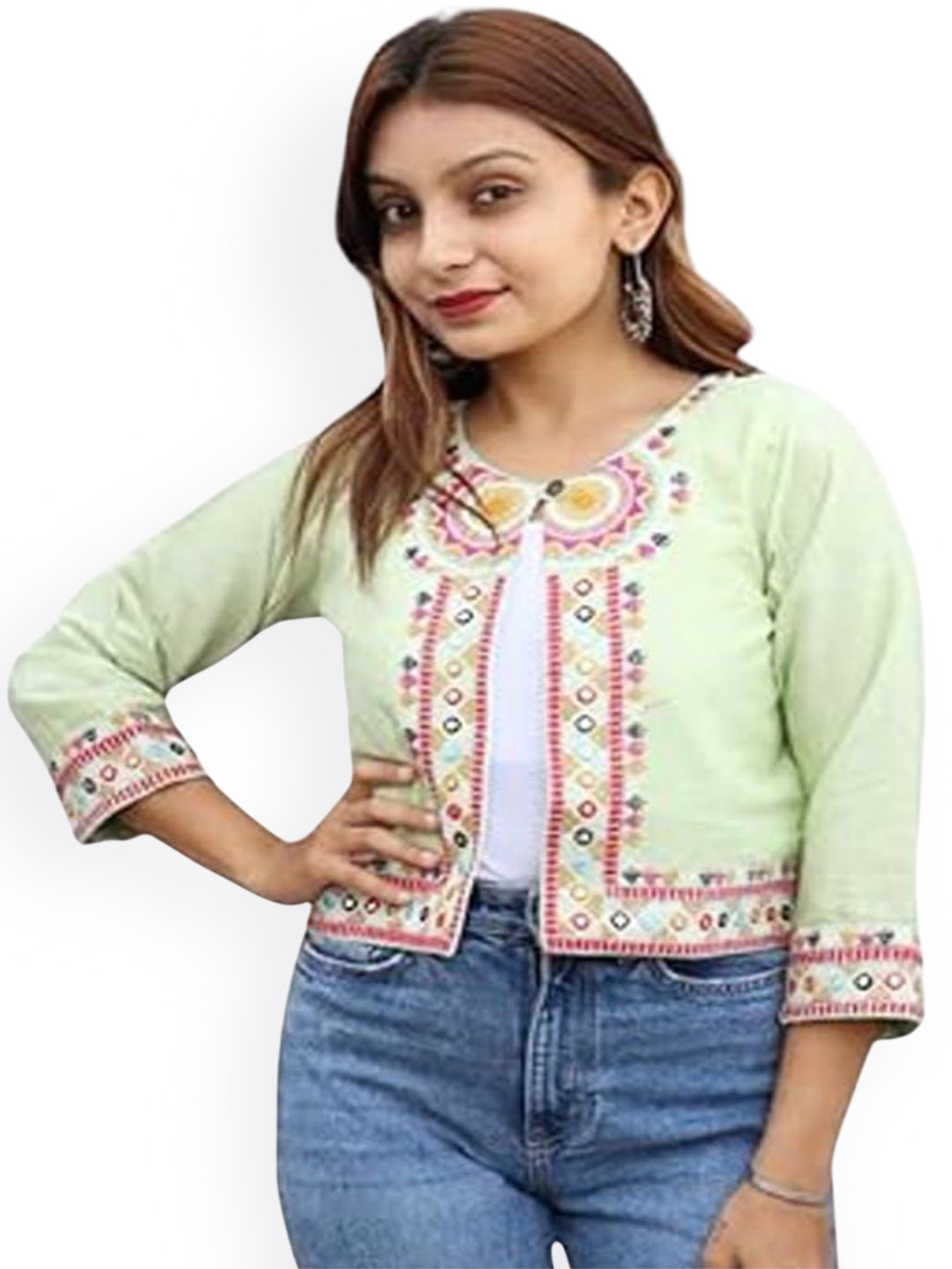 Prijam Ethnic Motifs Embroidered Crop Open Front Shrug