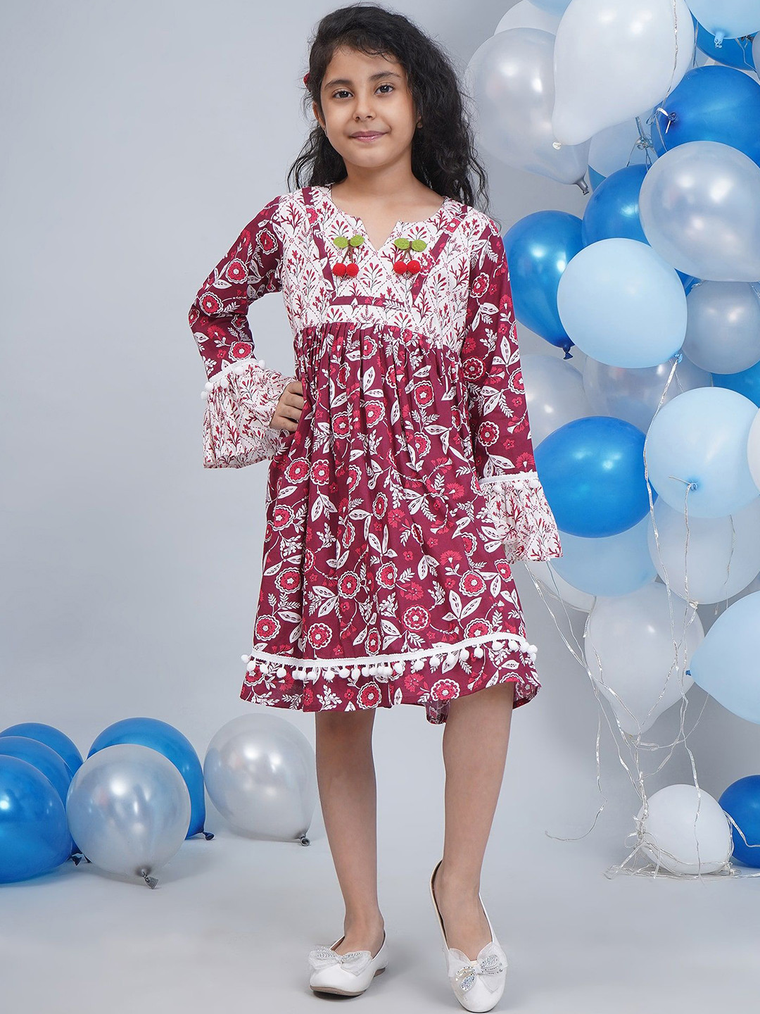 Little Bansi Girls Cotton Full Bell Sleeves Floral Printed Frock with Lace Work