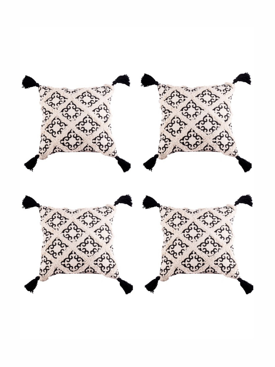 Decazone White & Black 4 Pieces Geometric Printed Square Cotton Cushion Covers
