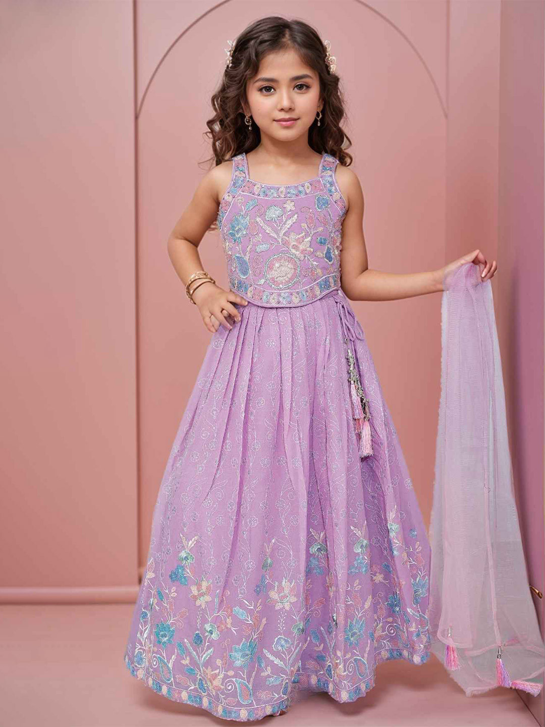 Lagorii Girls Embroidered Sequinned Square Neck Silk Chiffon Ready to Wear Lehenga Choli