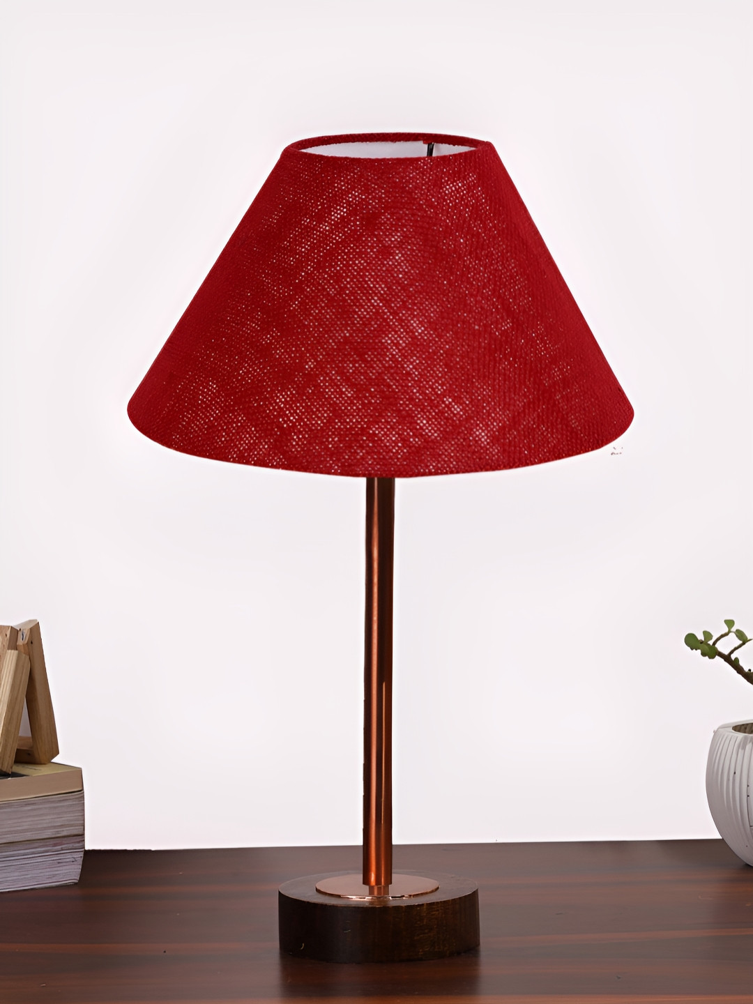 Aura Maroon & Copper Toned Frustum Shaped Jute Shade Wooden Table Lamp