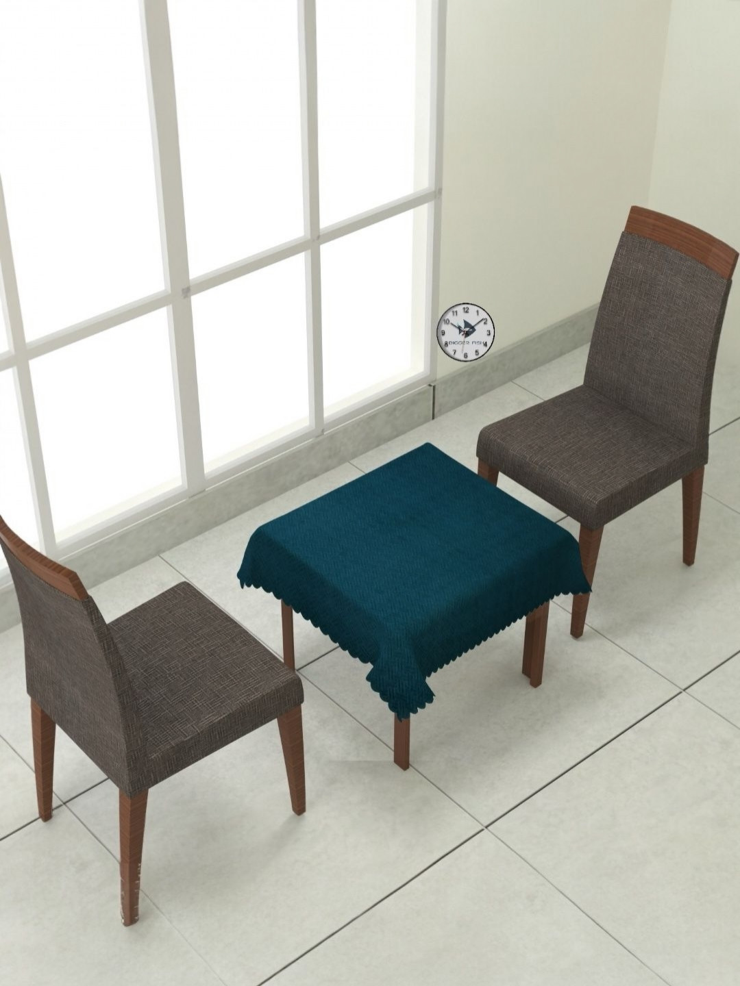 BIGGER FISH Teal 2-Seater Self Design Quilted Square Velvet Table Cover